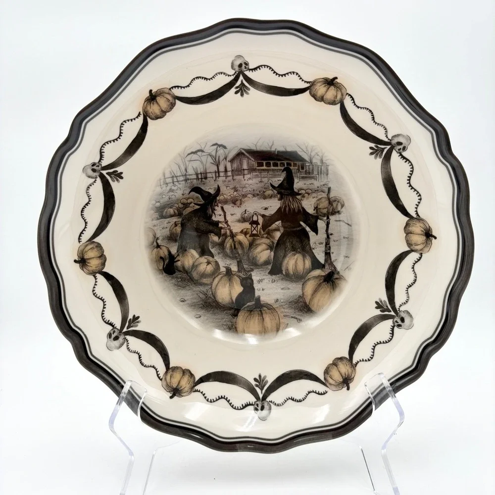 Large Halloween Witch Pumpkin Skull Scalloped Serving Bowl Melamine Spooky